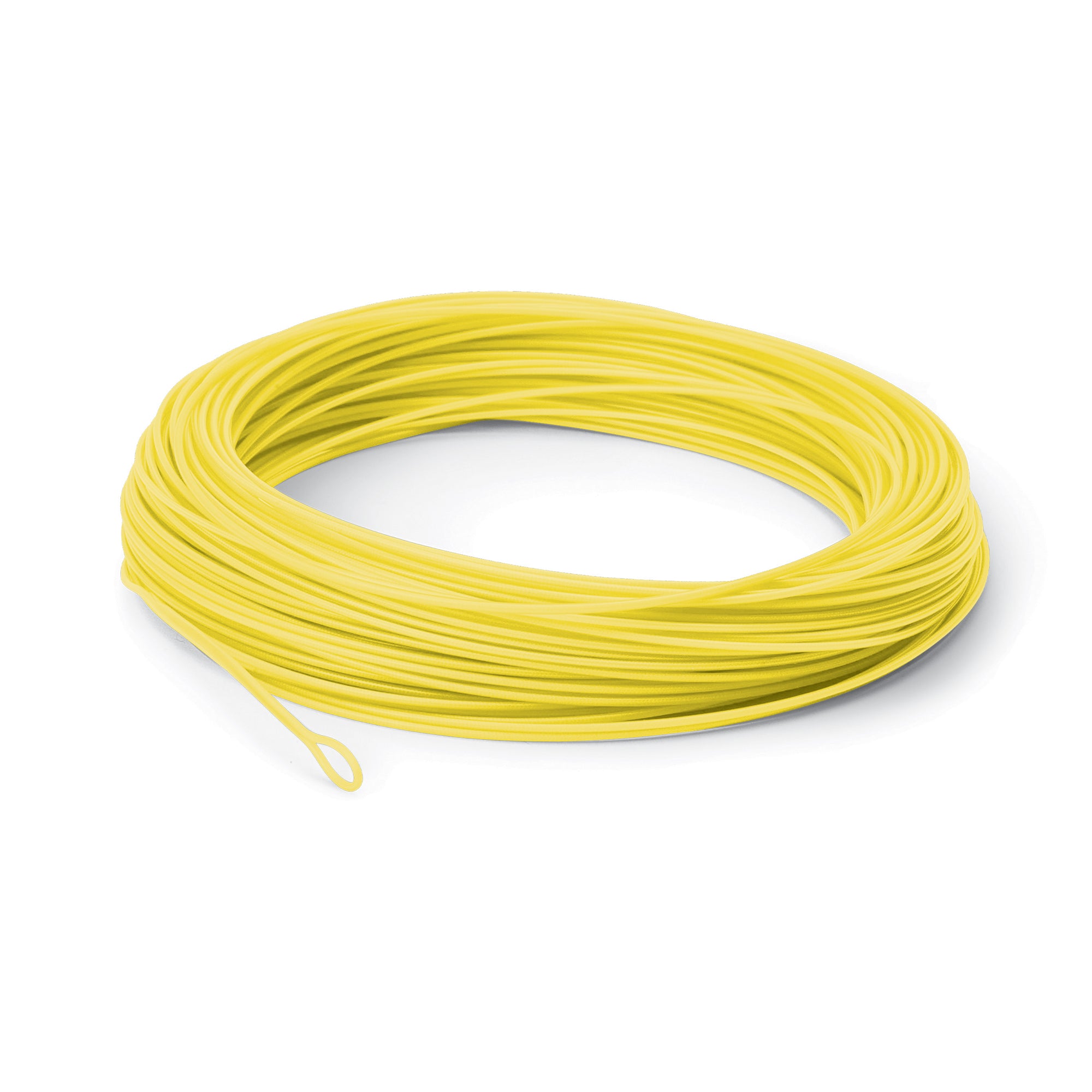 Coiled yellow fishing line on a white background